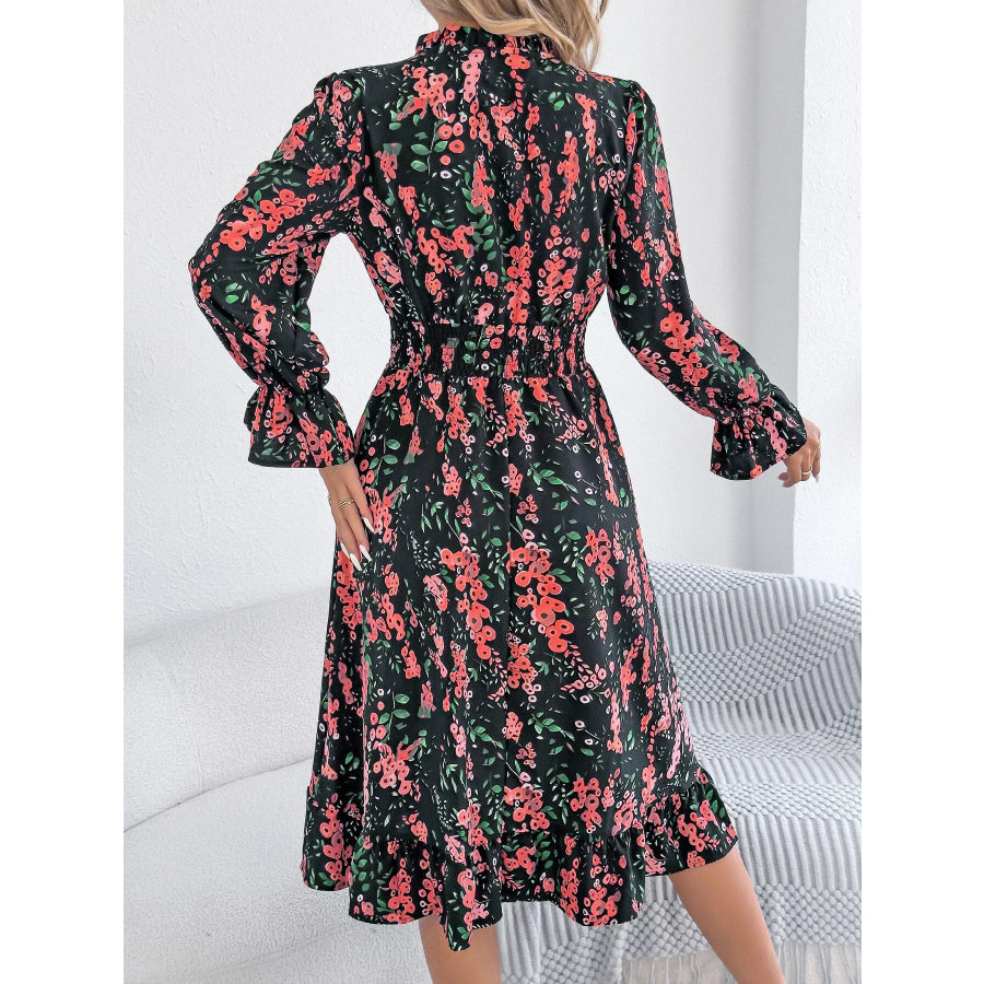 Floral Print Ruffle Hem Flounce Sleeve A-Line Dress Apparel and Accessories