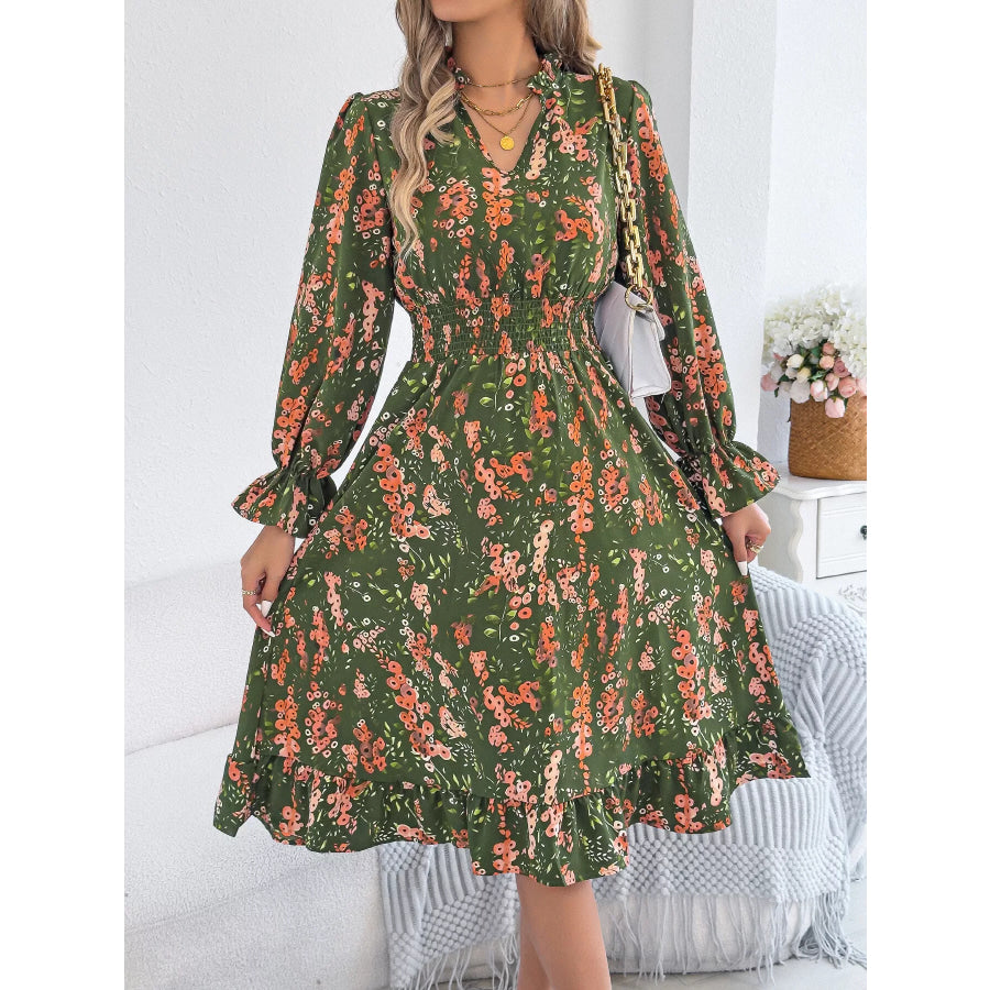 Floral Print Ruffle Hem Flounce Sleeve A-Line Dress Apparel and Accessories