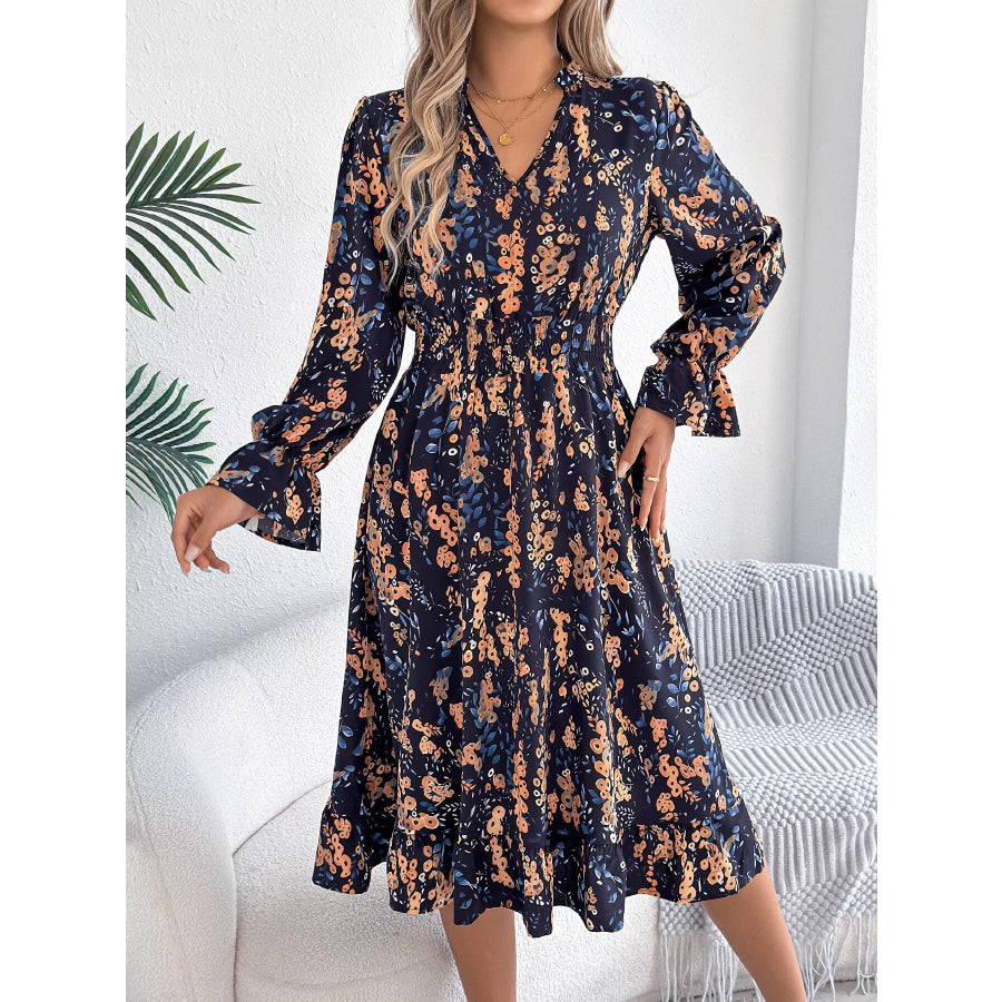 Floral Print Ruffle Hem Flounce Sleeve A-Line Dress Apparel and Accessories