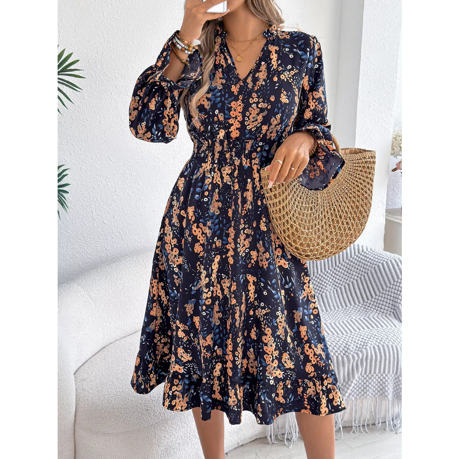 Floral Print Ruffle Hem Flounce Sleeve A-Line Dress Apparel and Accessories