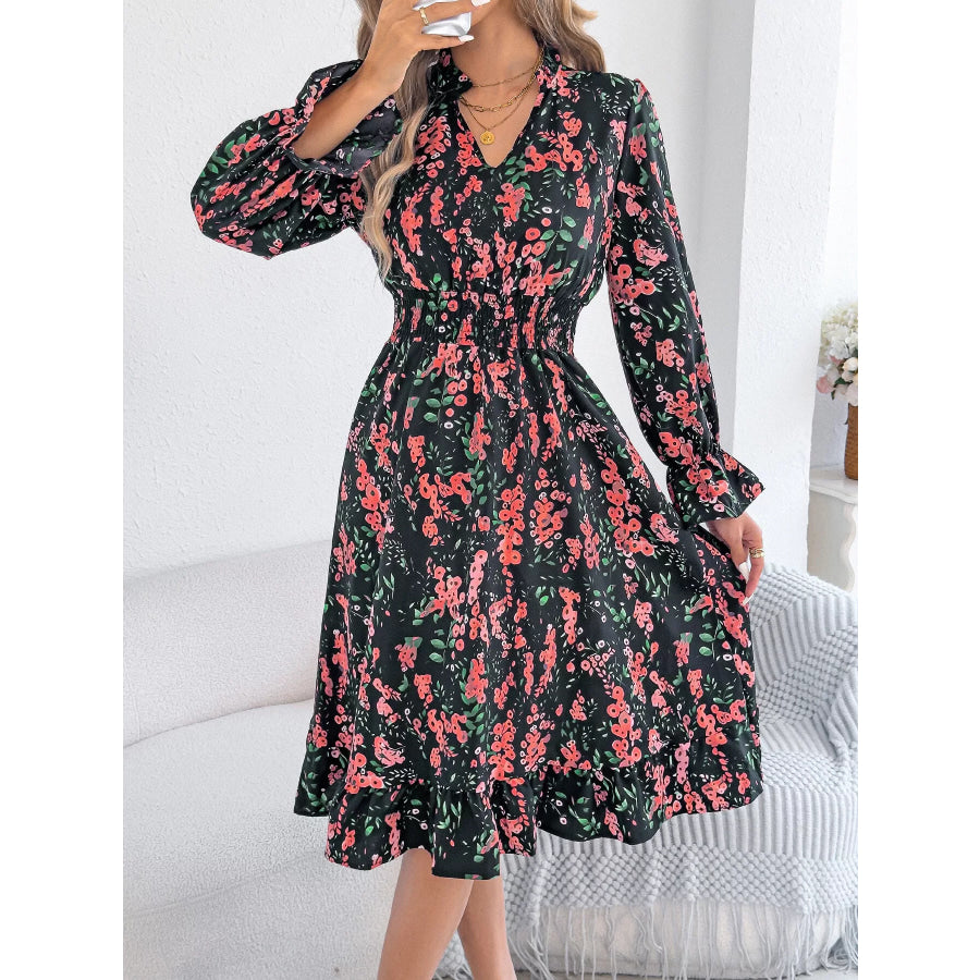 Floral Print Ruffle Hem Flounce Sleeve A-Line Dress Apparel and Accessories
