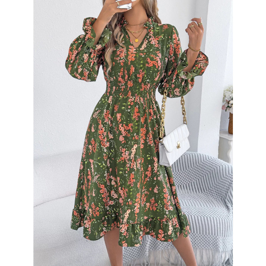 Floral Print Ruffle Hem Flounce Sleeve A-Line Dress Apparel and Accessories