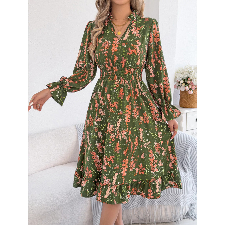 Floral Print Ruffle Hem Flounce Sleeve A-Line Dress Apparel and Accessories
