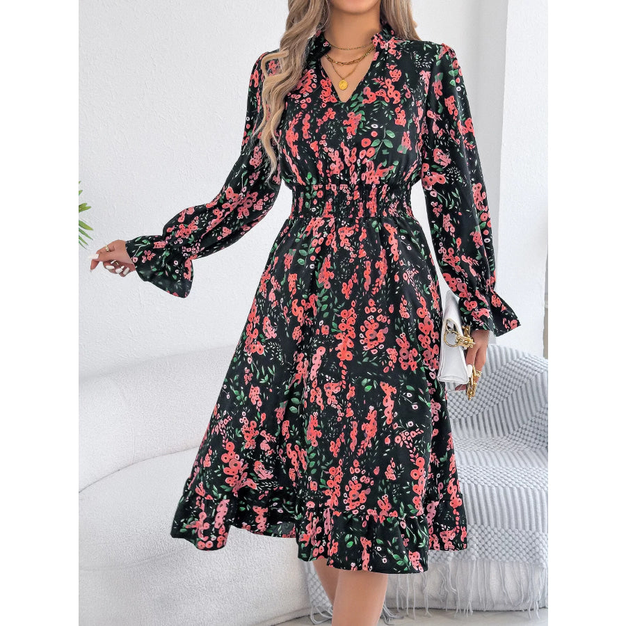 Floral Print Ruffle Hem Flounce Sleeve A-Line Dress Apparel and Accessories