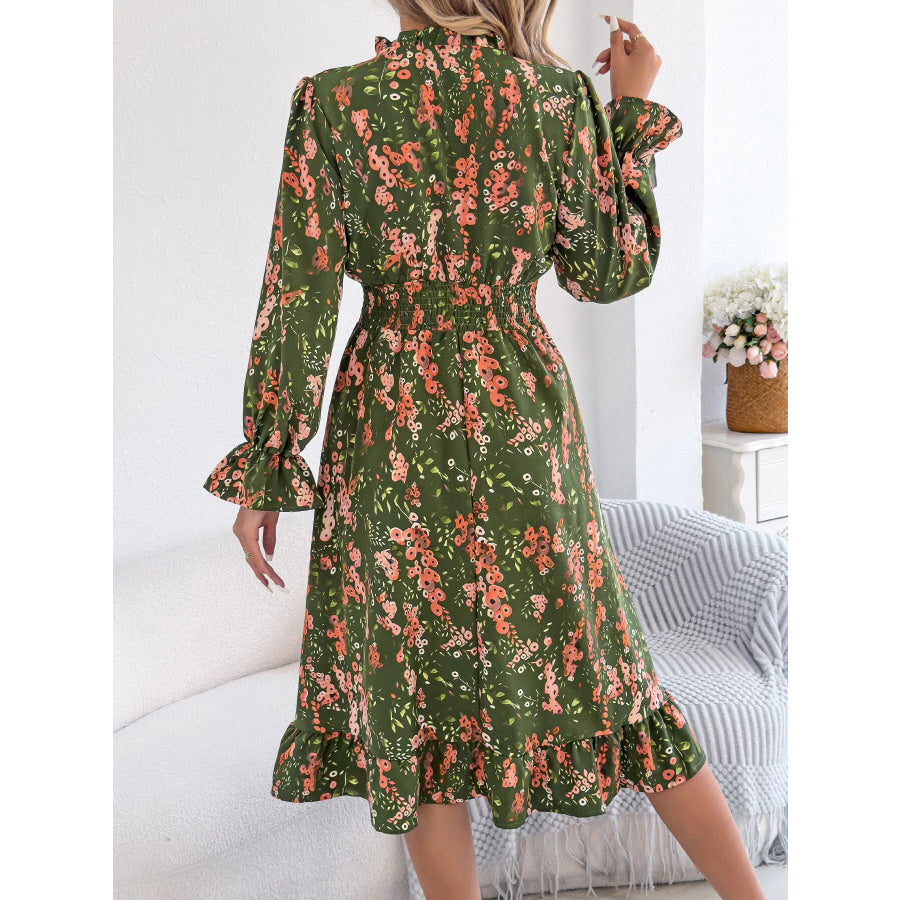 Floral Print Ruffle Hem Flounce Sleeve A-Line Dress Apparel and Accessories