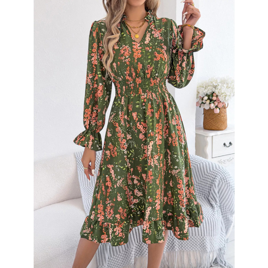Floral Print Ruffle Hem Flounce Sleeve A-Line Dress Green / S Apparel and Accessories