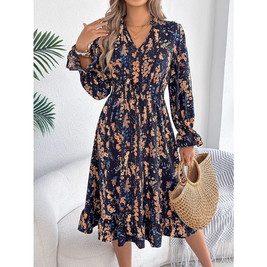 Floral Print Ruffle Hem Flounce Sleeve A-Line Dress Navy Blue / S Apparel and Accessories