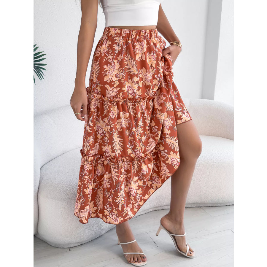 Floral Print Ruffle Hem Flowy Midi Skirt Apparel and Accessories