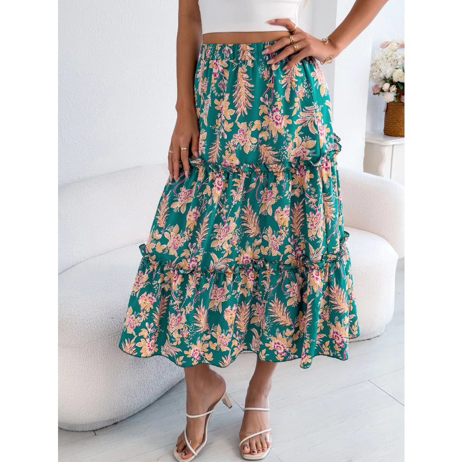 Floral Print Ruffle Hem Flowy Midi Skirt Apparel and Accessories