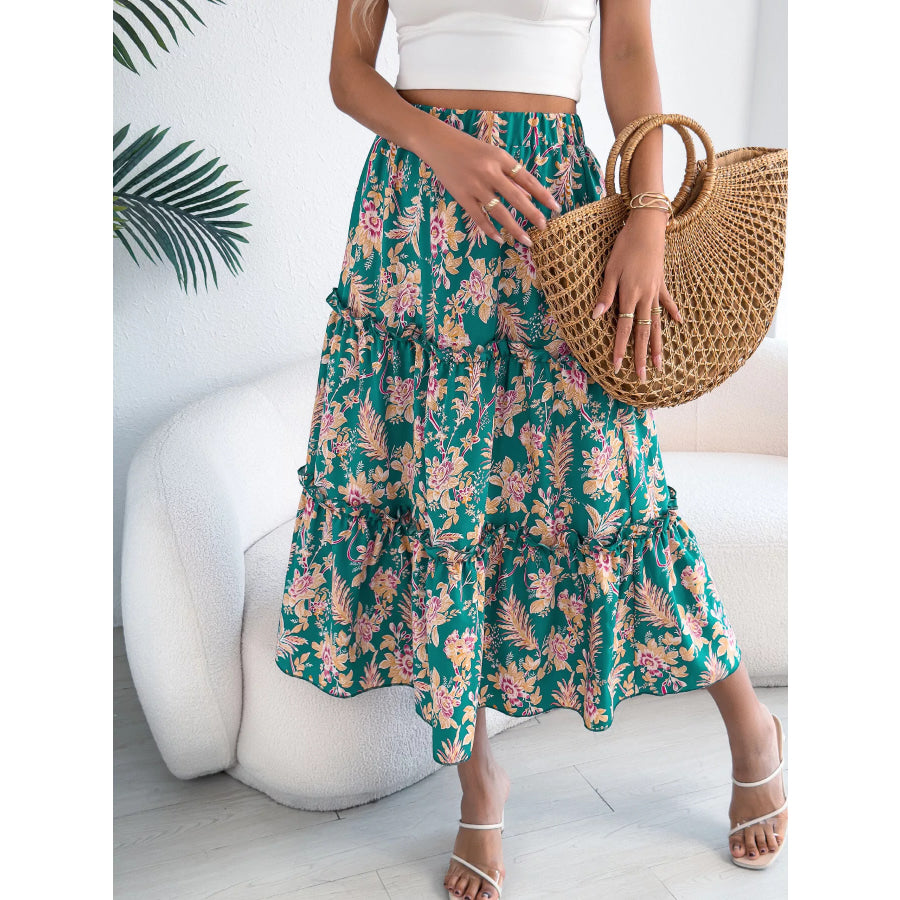 Floral Print Ruffle Hem Flowy Midi Skirt Apparel and Accessories