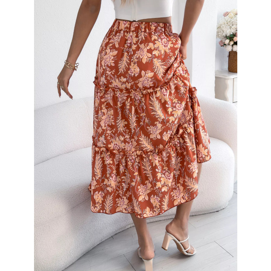 Floral Print Ruffle Hem Flowy Midi Skirt Apparel and Accessories