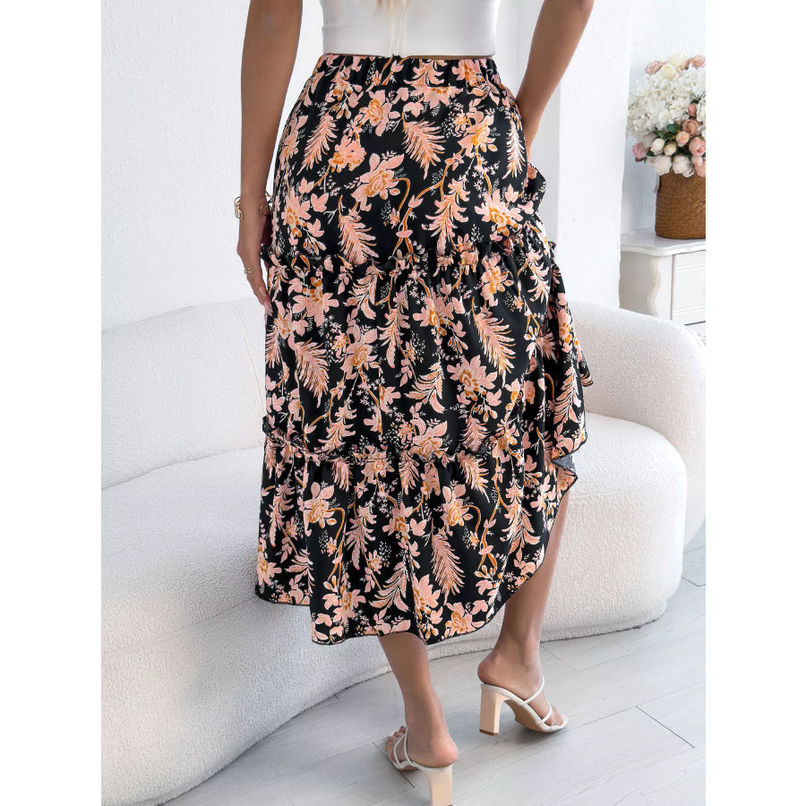 Floral Print Ruffle Hem Flowy Midi Skirt Apparel and Accessories