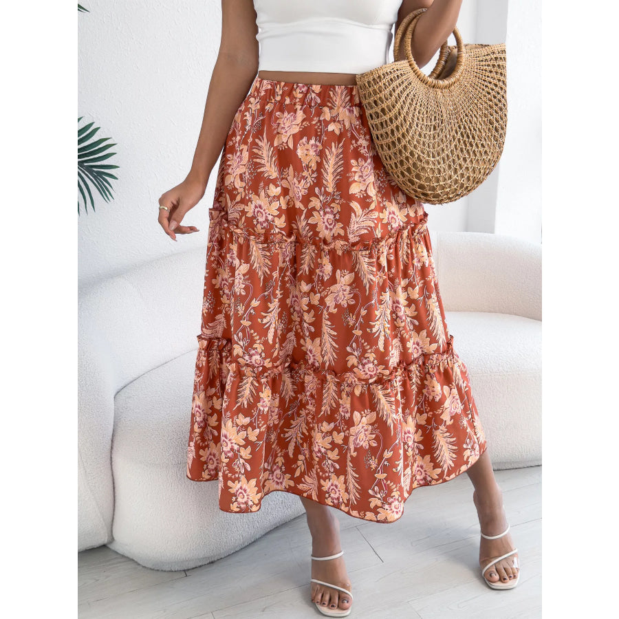Floral Print Ruffle Hem Flowy Midi Skirt Apparel and Accessories