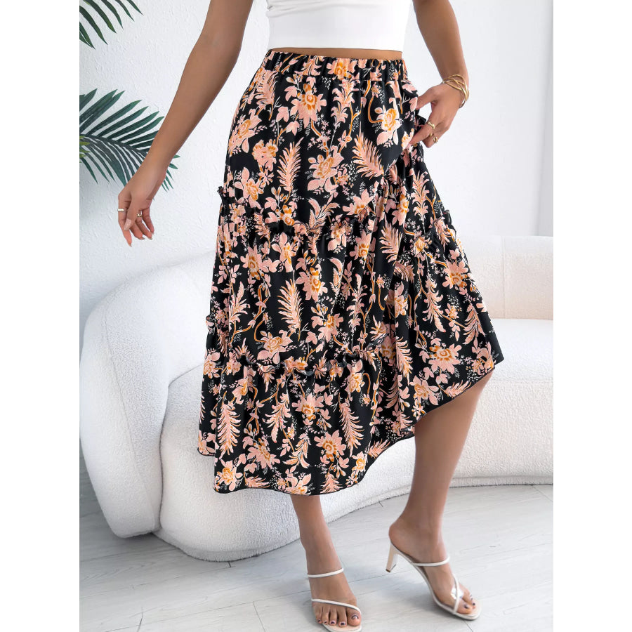 Floral Print Ruffle Hem Flowy Midi Skirt Apparel and Accessories
