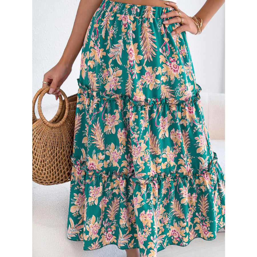 Floral Print Ruffle Hem Flowy Midi Skirt Apparel and Accessories
