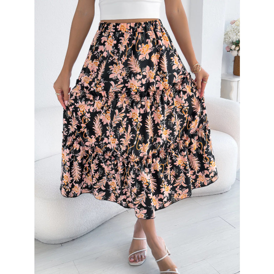 Floral Print Ruffle Hem Flowy Midi Skirt Apparel and Accessories