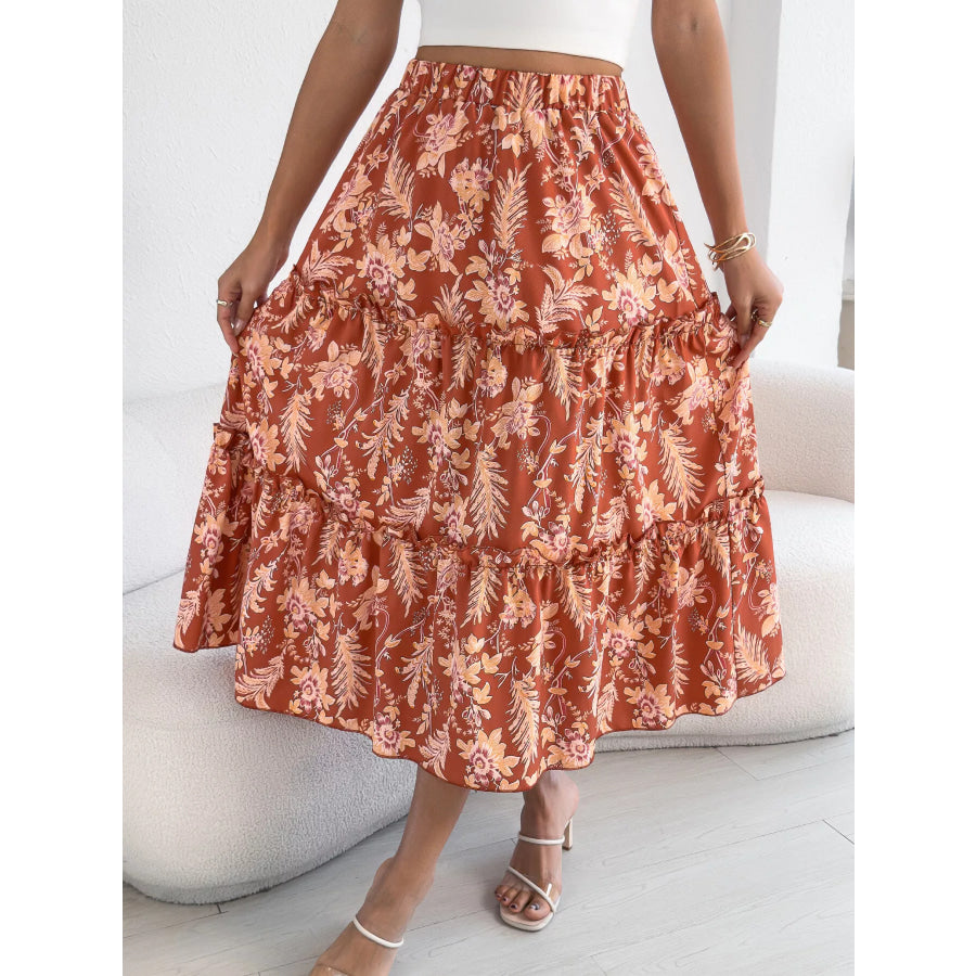 Floral Print Ruffle Hem Flowy Midi Skirt Apparel and Accessories