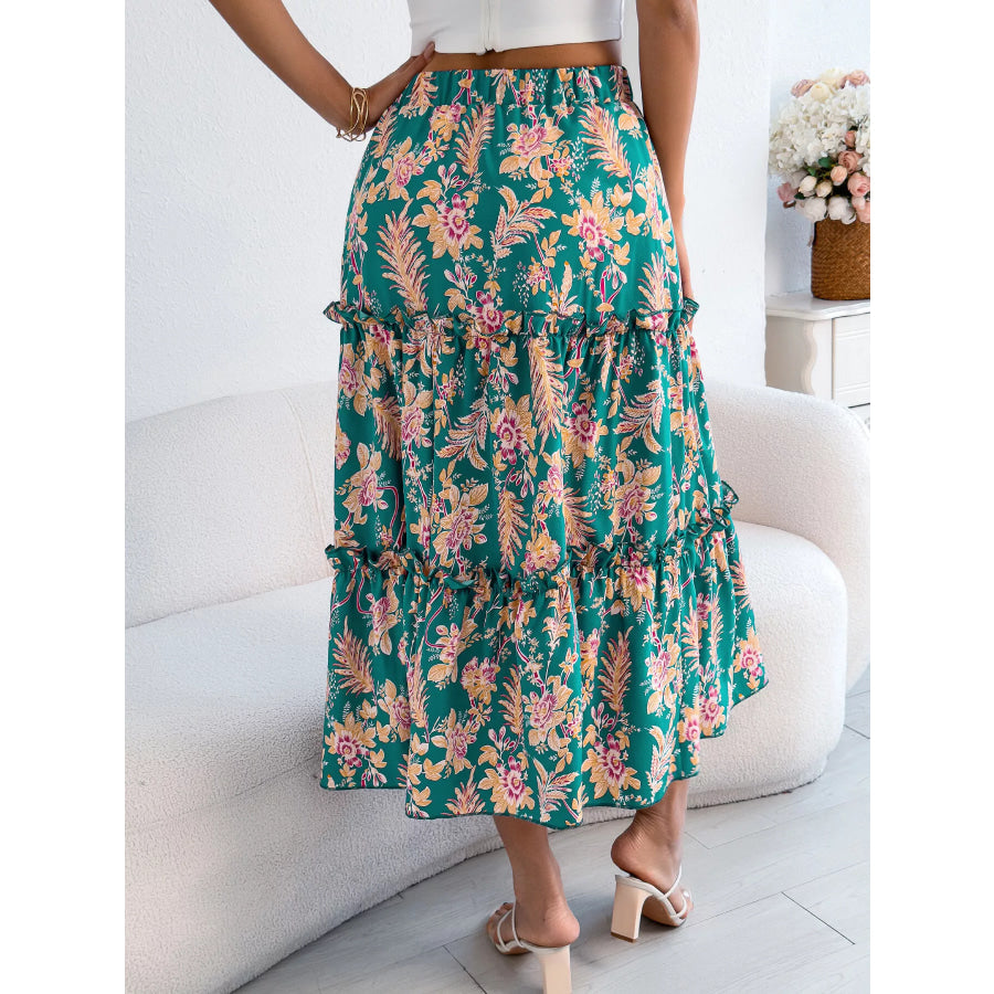 Floral Print Ruffle Hem Flowy Midi Skirt Apparel and Accessories