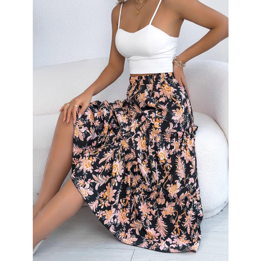 Floral Print Ruffle Hem Flowy Midi Skirt Apparel and Accessories