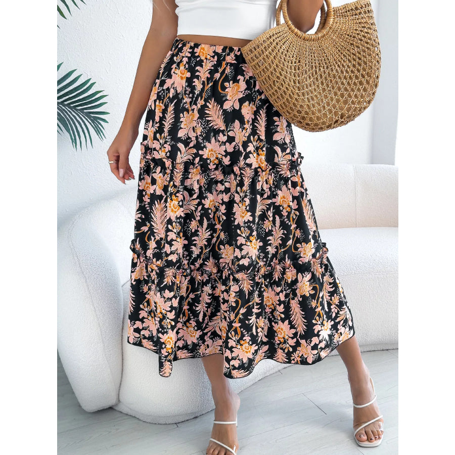 Floral Print Ruffle Hem Flowy Midi Skirt Black / S Apparel and Accessories