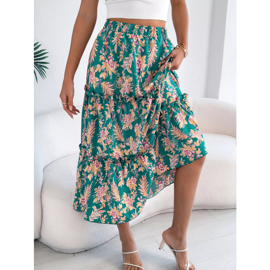 Floral Print Ruffle Hem Flowy Midi Skirt Green / S Apparel and Accessories