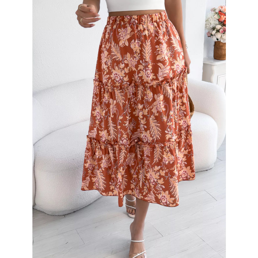 Floral Print Ruffle Hem Flowy Midi Skirt Orange / S Apparel and Accessories