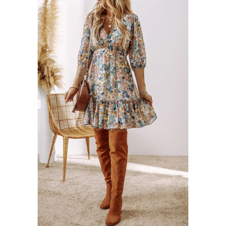 Floral Print Ruffle Hem Mini Dress Apparel and Accessories