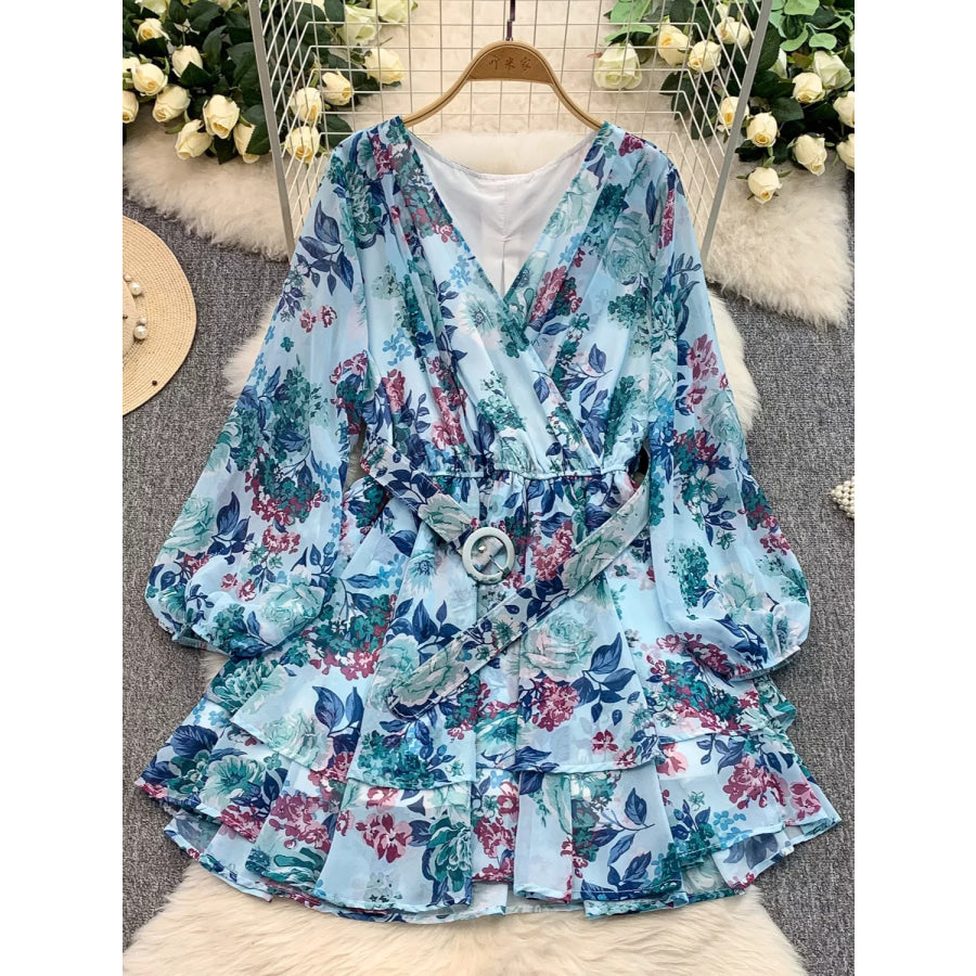 Floral Print Ruffle Hem Mini Dress Light Blue / One Size Apparel and Accessories