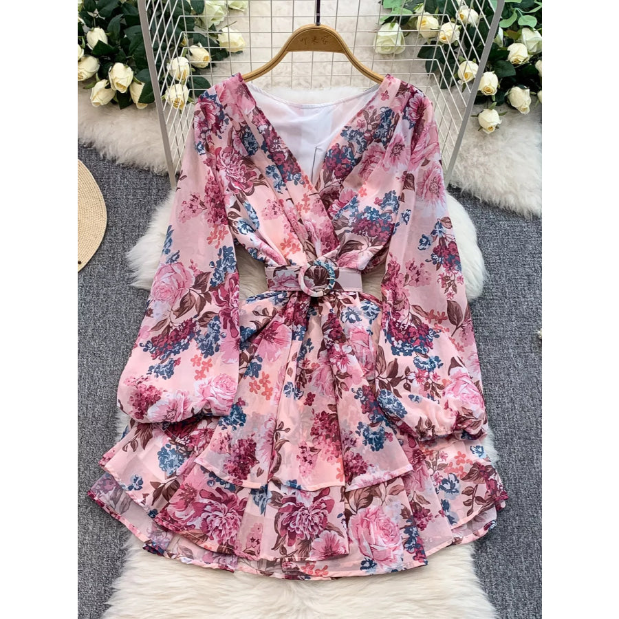 Floral Print Ruffle Hem Mini Dress Pink / One Size Apparel and Accessories