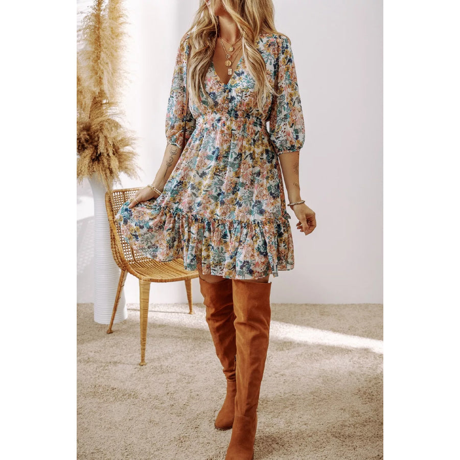 Floral Print Ruffle Hem Mini Dress Floral / S Apparel and Accessories