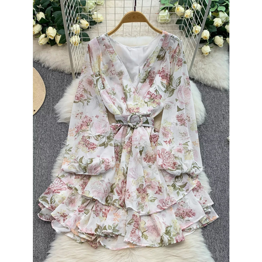 Floral Print Ruffle Hem Mini Dress White / One Size Apparel and Accessories
