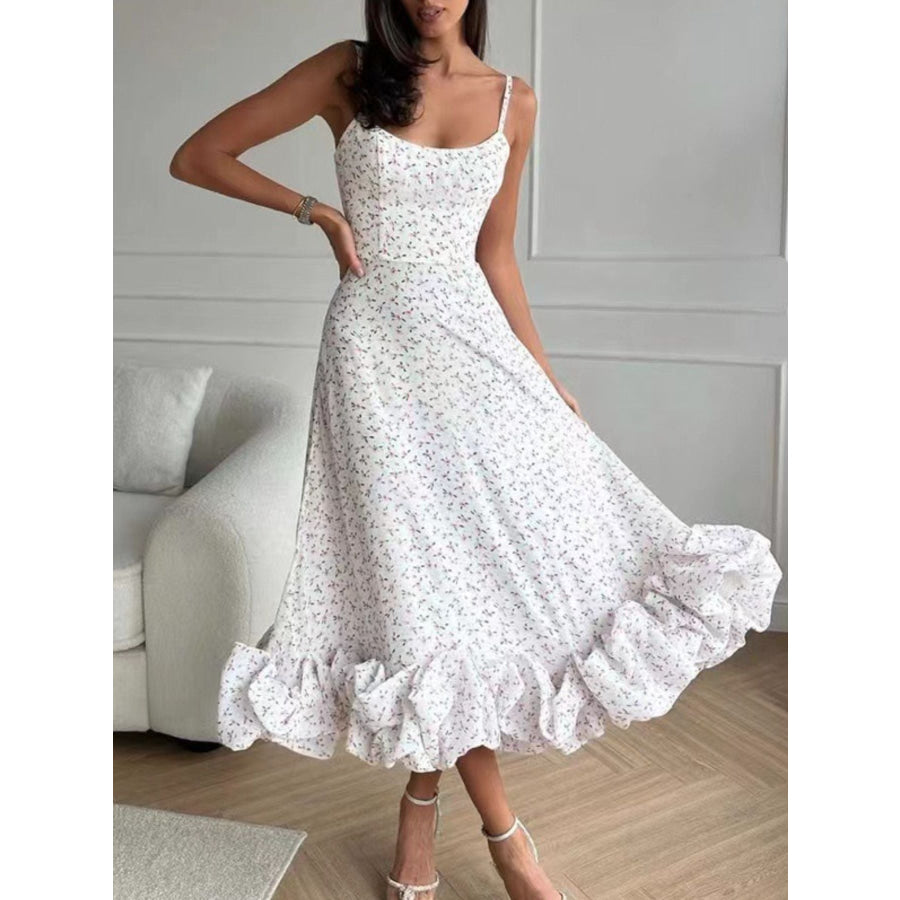 Floral Print Ruffle Hem Spaghetti Strap Midi Dress Apparel and Accessories