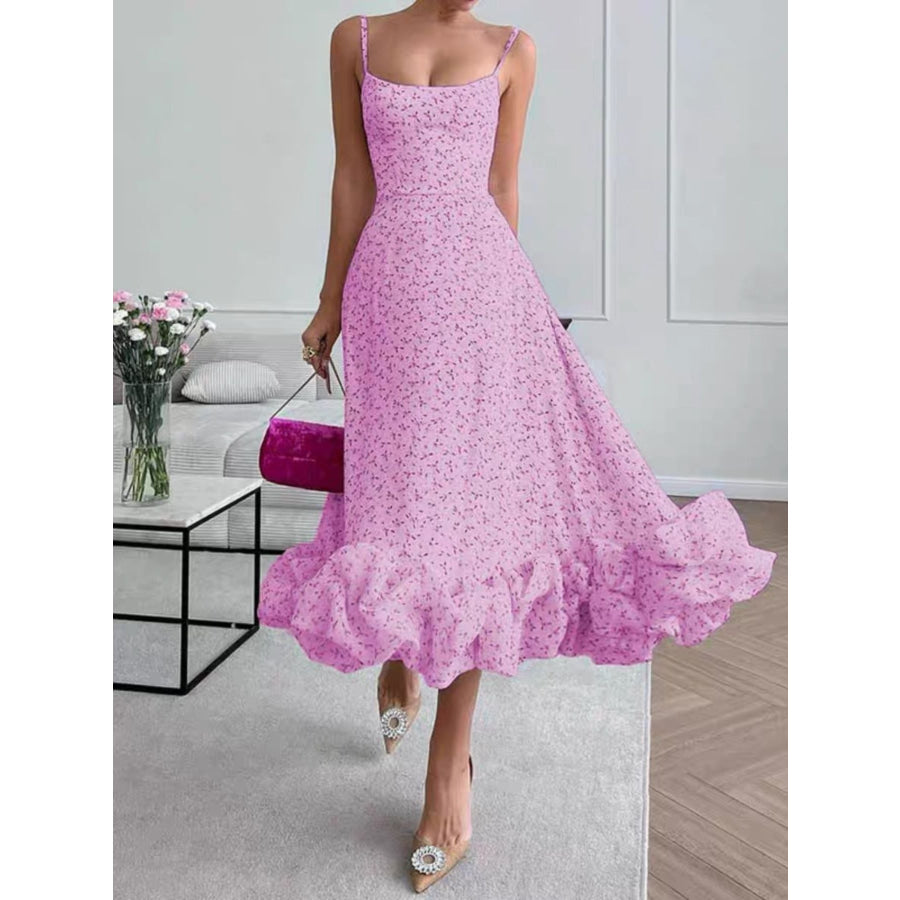 Floral Print Ruffle Hem Spaghetti Strap Midi Dress Pink / S Apparel and Accessories