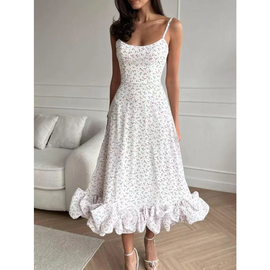 Floral Print Ruffle Hem Spaghetti Strap Midi Dress White / S Apparel and Accessories