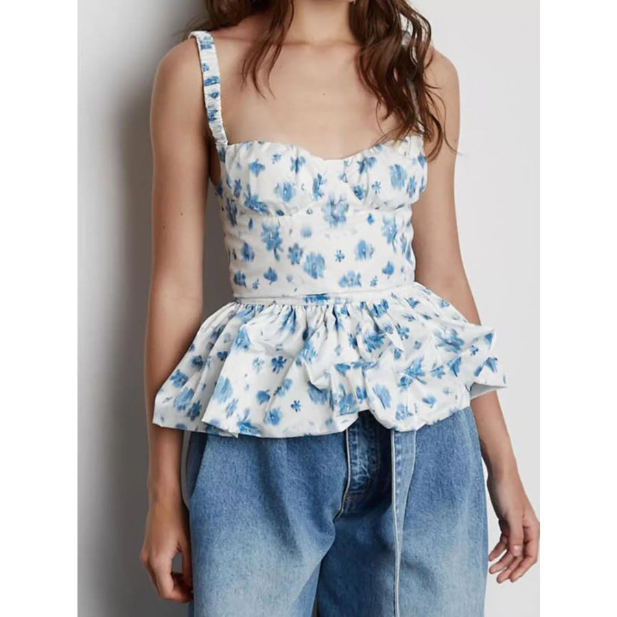 Floral Print Ruffle Hem Tank Light Blue / S Apparel and Accessories