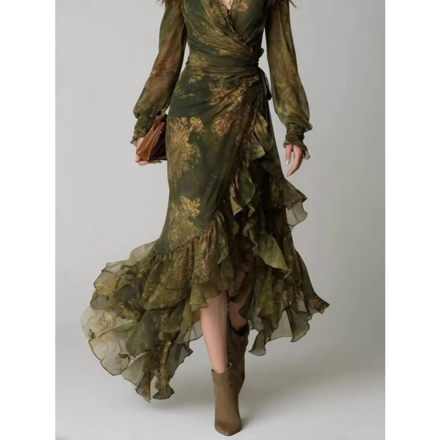 Floral Print Ruffle Hem Wrap Maxi Dress Apparel and Accessories