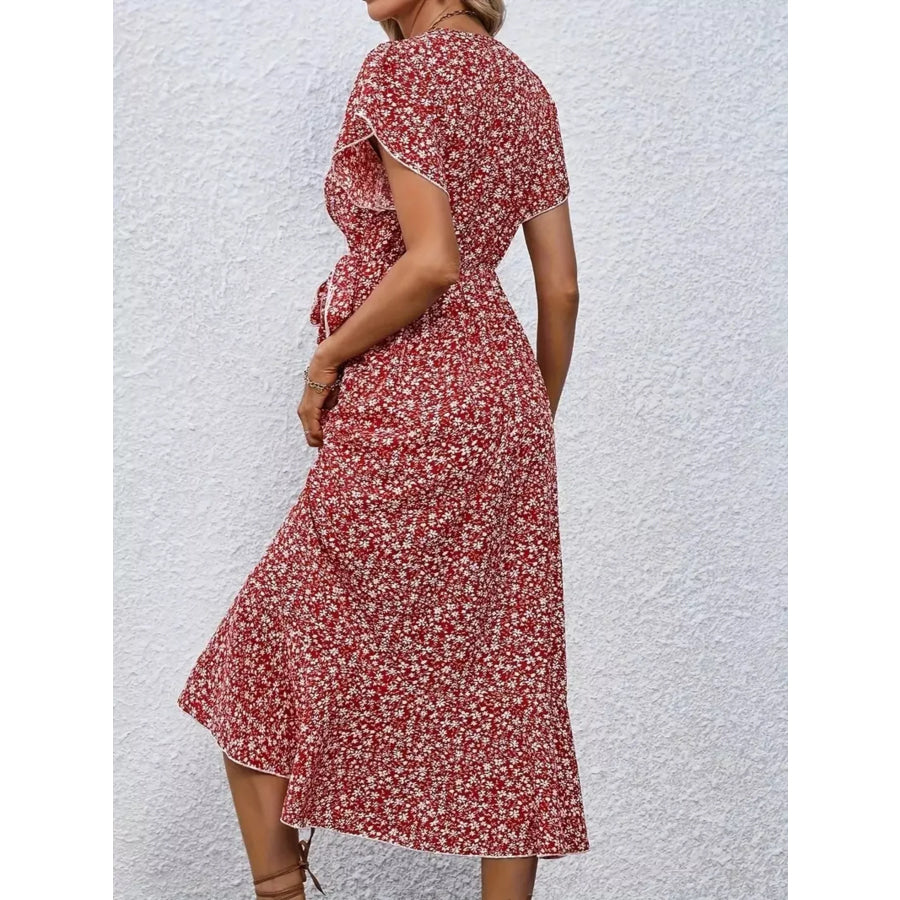 Floral Print Ruffle Hem Wrap Midi Dress Apparel and Accessories