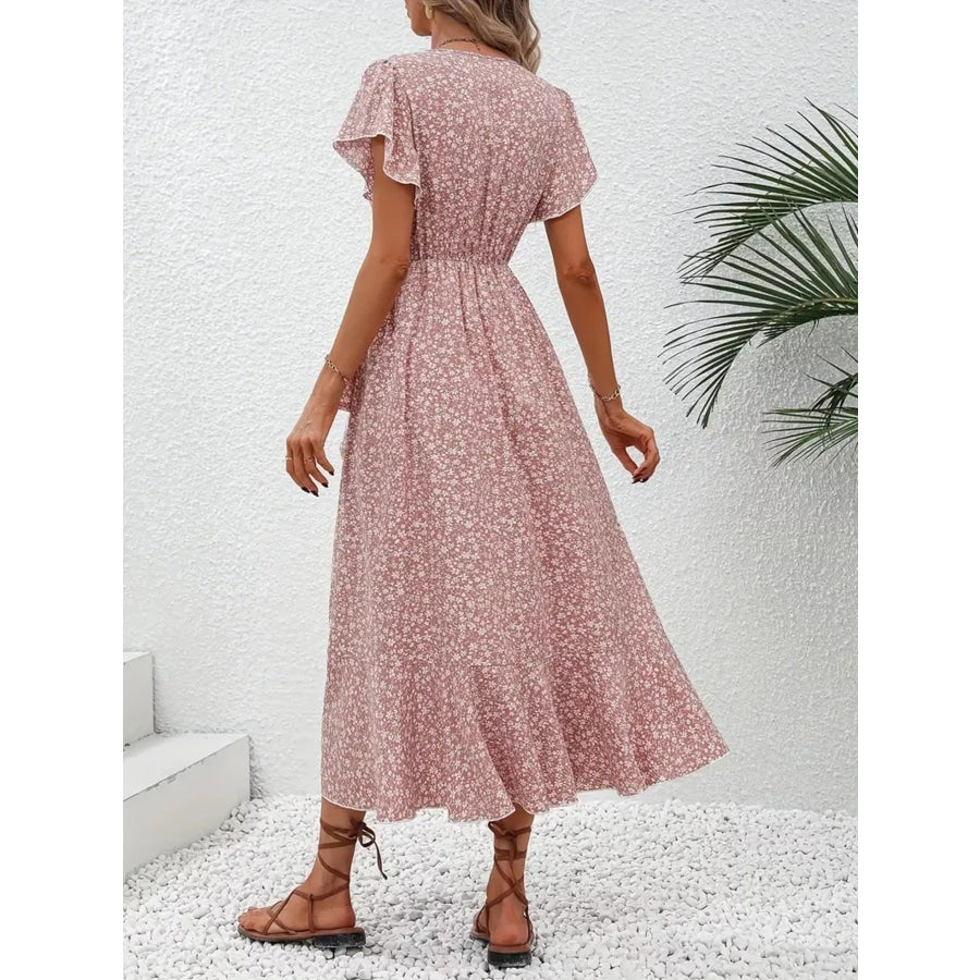 Floral Print Ruffle Hem Wrap Midi Dress Apparel and Accessories