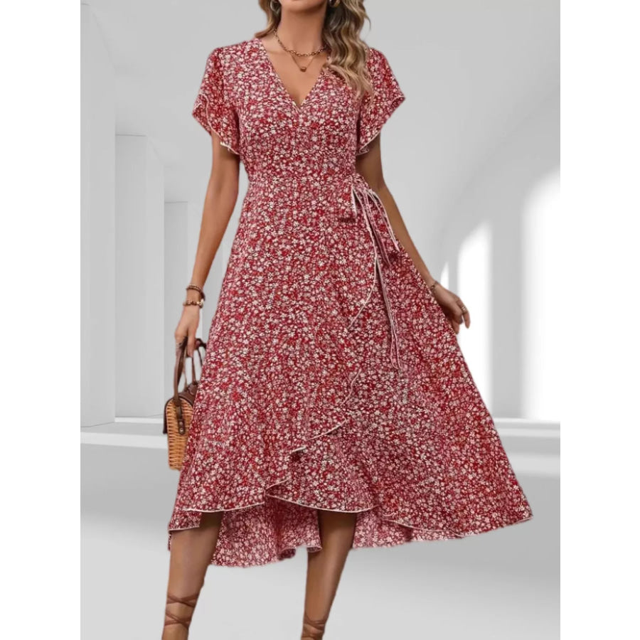 Floral Print Ruffle Hem Wrap Midi Dress Apparel and Accessories
