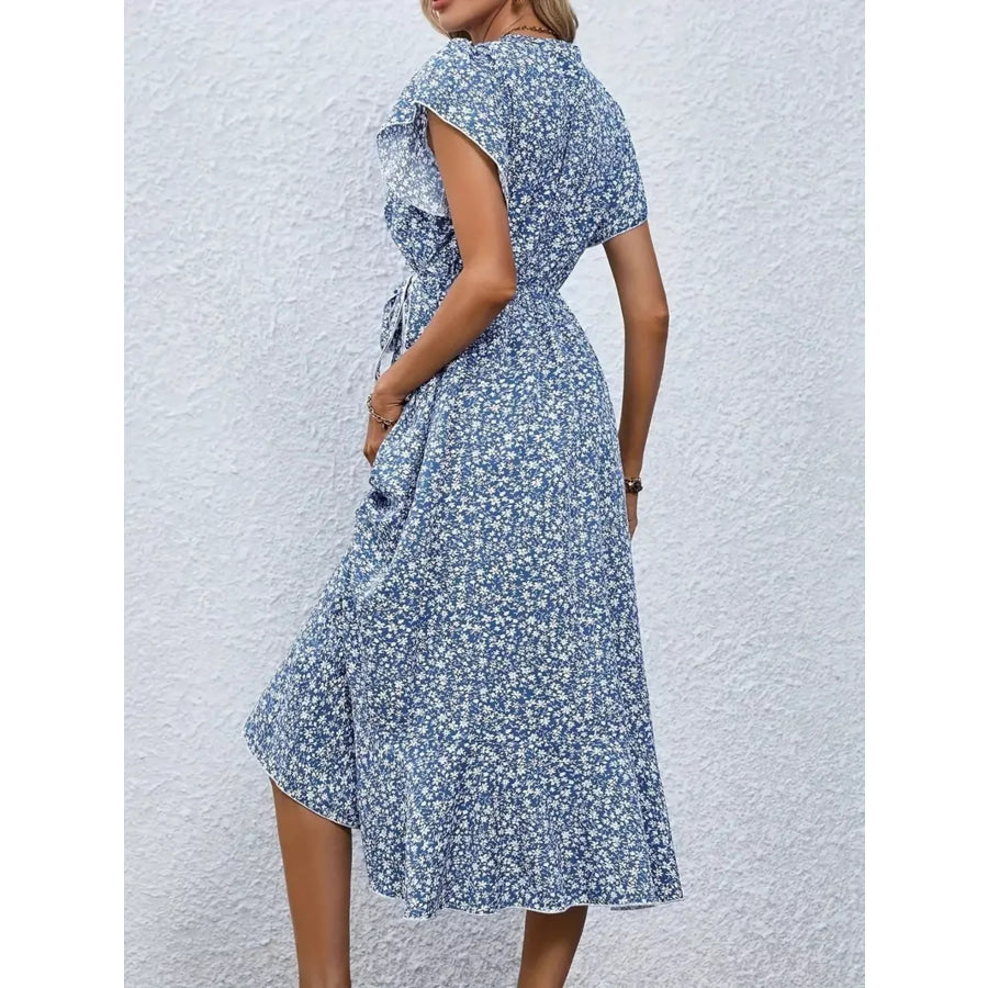 Floral Print Ruffle Hem Wrap Midi Dress Apparel and Accessories