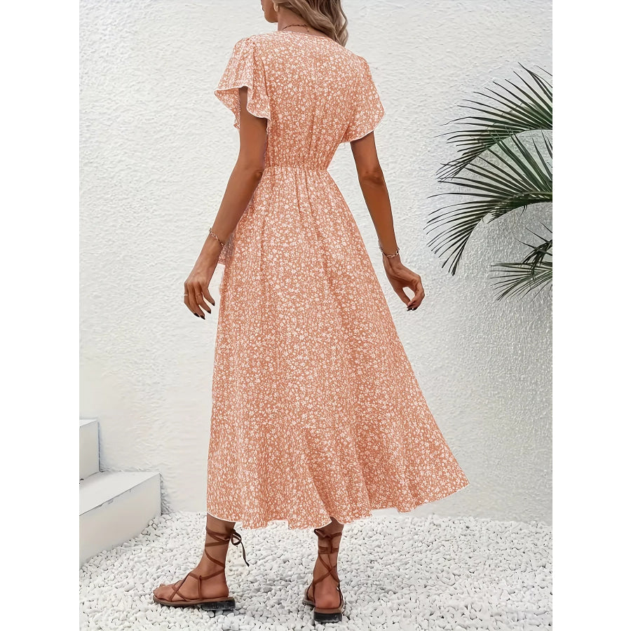 Floral Print Ruffle Hem Wrap Midi Dress Apparel and Accessories