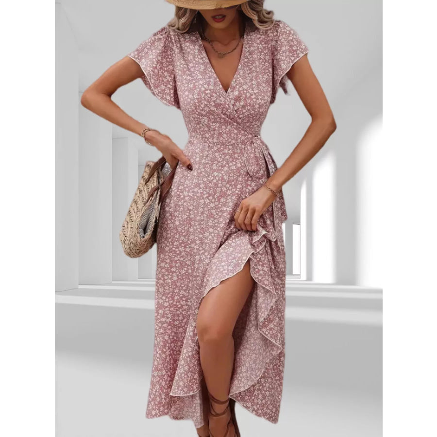 Floral Print Ruffle Hem Wrap Midi Dress Apparel and Accessories