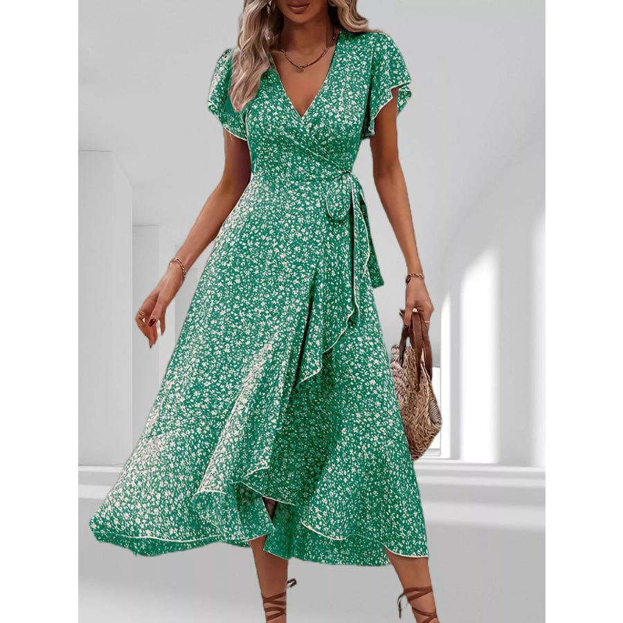 Floral Print Ruffle Hem Wrap Midi Dress Green / S Apparel and Accessories