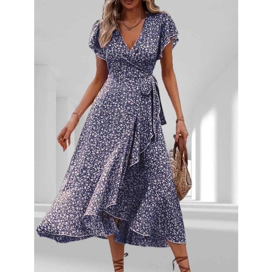 Floral Print Ruffle Hem Wrap Midi Dress Navy Blue / S Apparel and Accessories