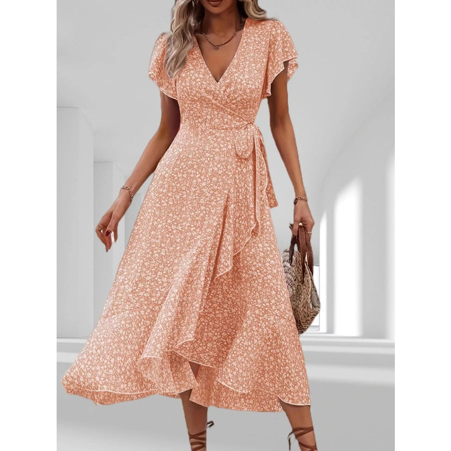 Floral Print Ruffle Hem Wrap Midi Dress Orange Pink / S Apparel and Accessories