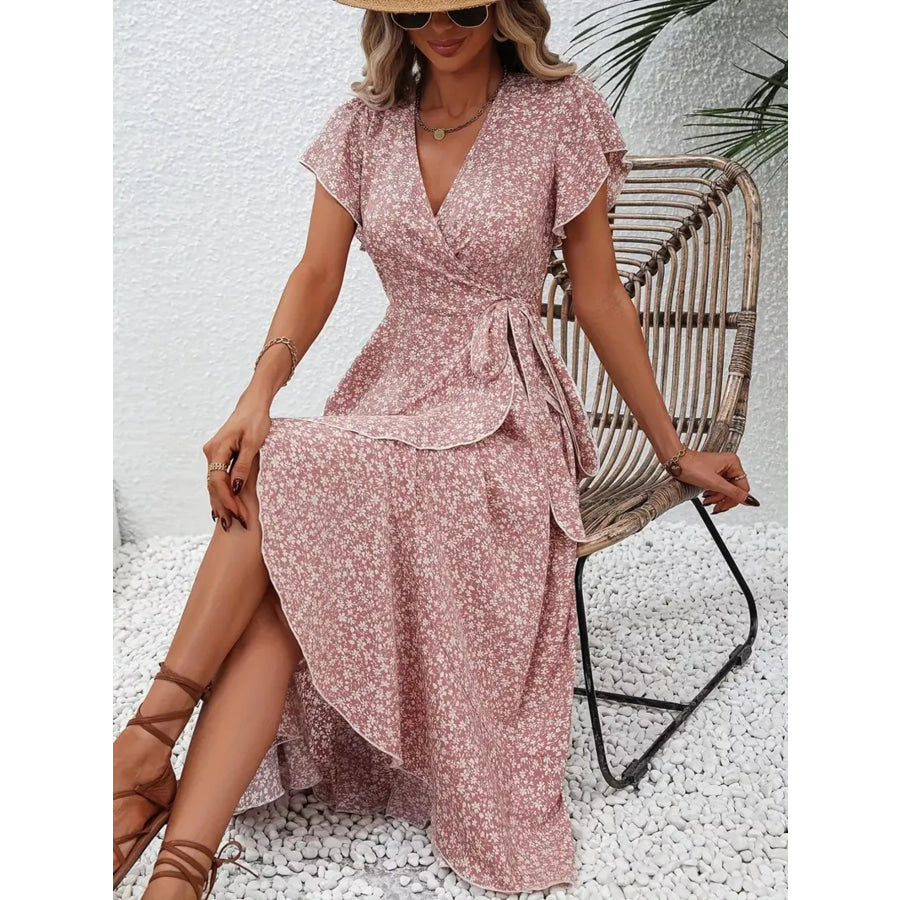 Floral Print Ruffle Hem Wrap Midi Dress Pink / S Apparel and Accessories