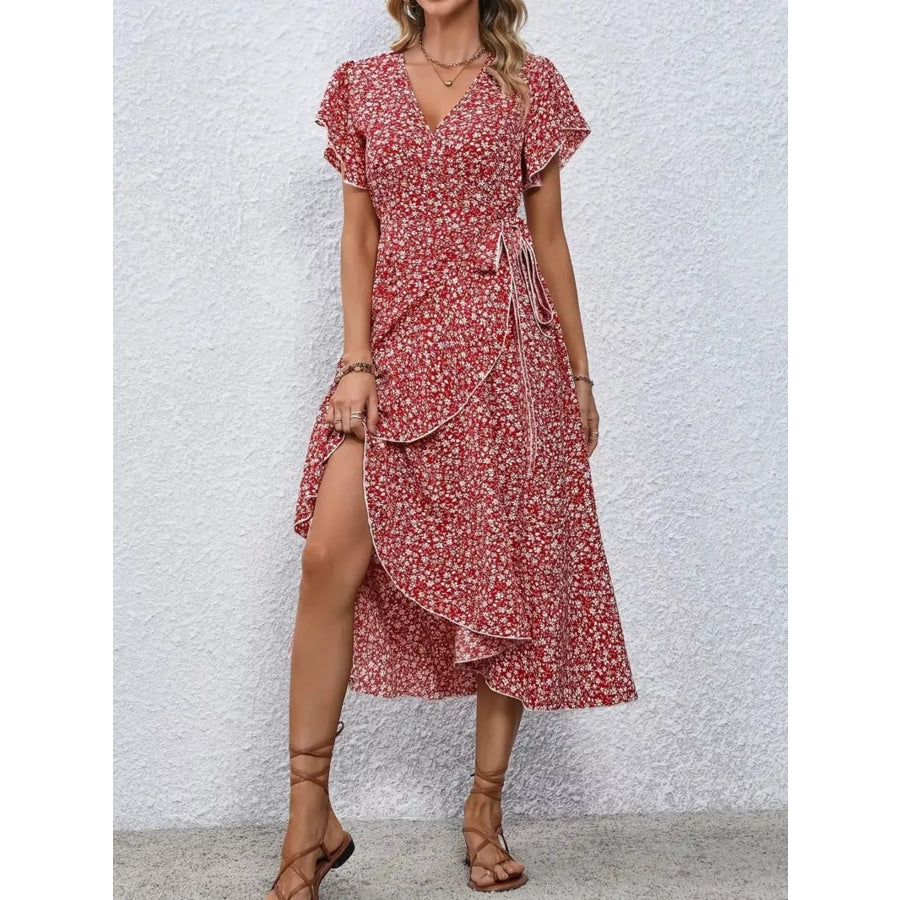 Floral Print Ruffle Hem Wrap Midi Dress Red / S Apparel and Accessories