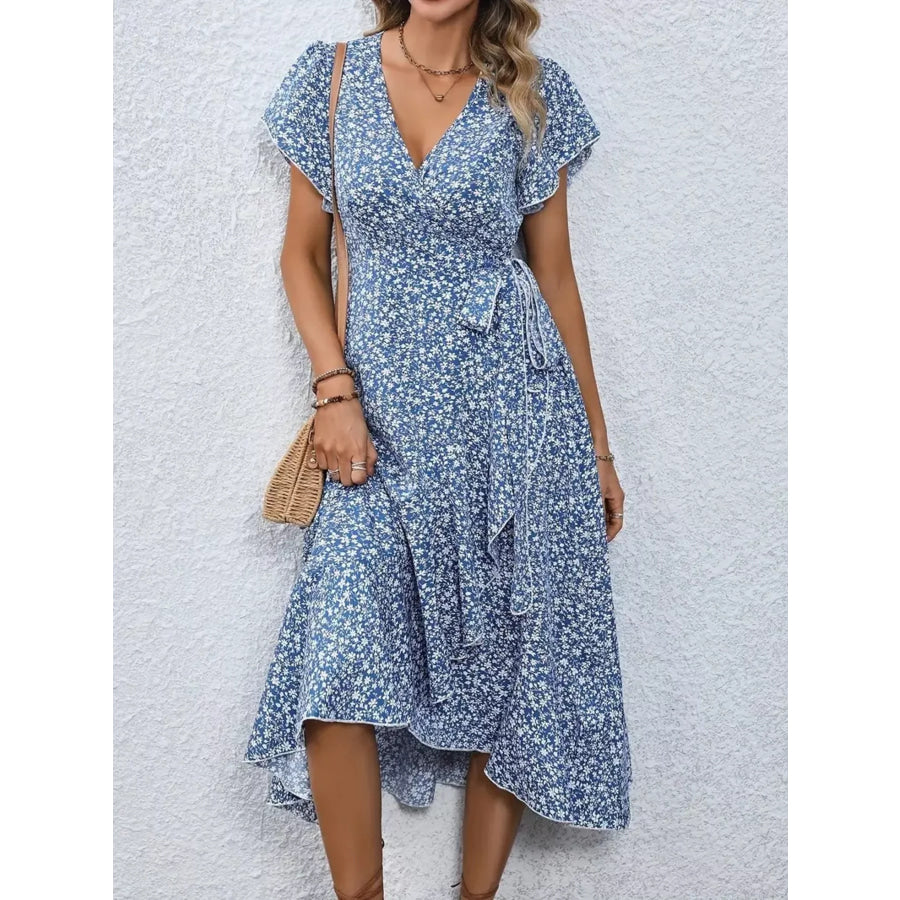 Floral Print Ruffle Hem Wrap Midi Dress Sky Blue / S Apparel and Accessories