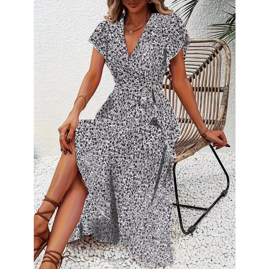 Floral Print Ruffle Hem Wrap Midi Dress White / S Apparel and Accessories