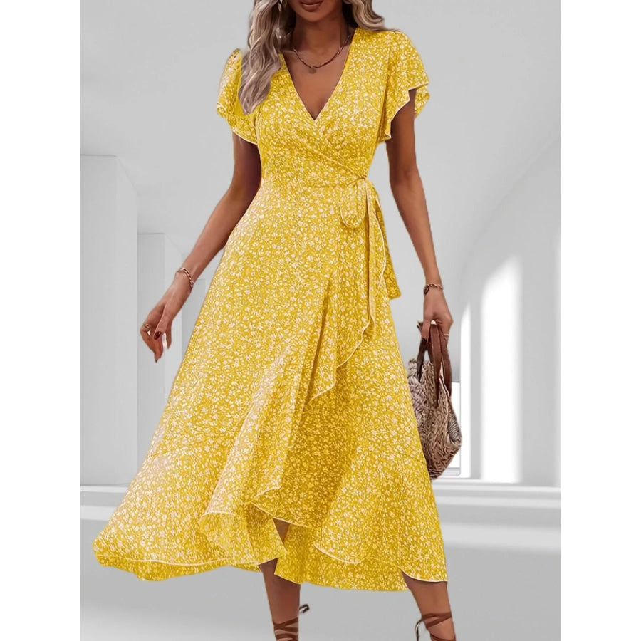 Floral Print Ruffle Hem Wrap Midi Dress Yellow / S Apparel and Accessories